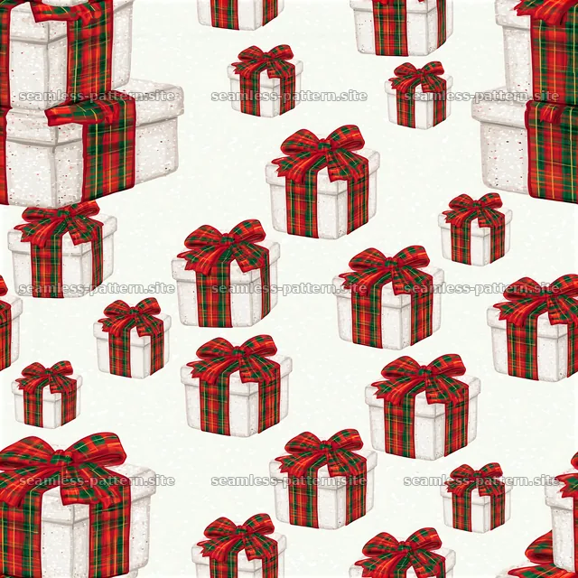Repeating pattern of Christmas gifts with tartan ribbons — seamless tileable pattern