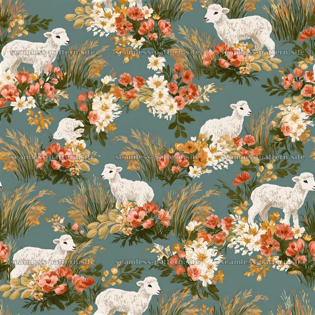 Seamless pattern featuring lambs and gentle botanical elements — seamless tileable pattern