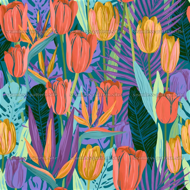 Colorful Tulip and Tropical Leaf Floral Pattern — seamless tileable pattern