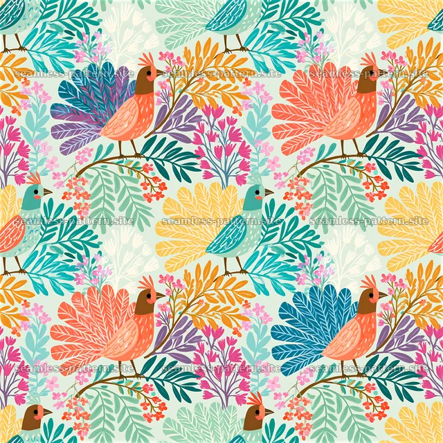 Colorful Watercolor Bird and Botanical Seamless Pattern — seamless tileable pattern