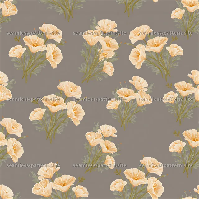 Poppy repeating pattern with light flowers on gray background — seamless tileable pattern