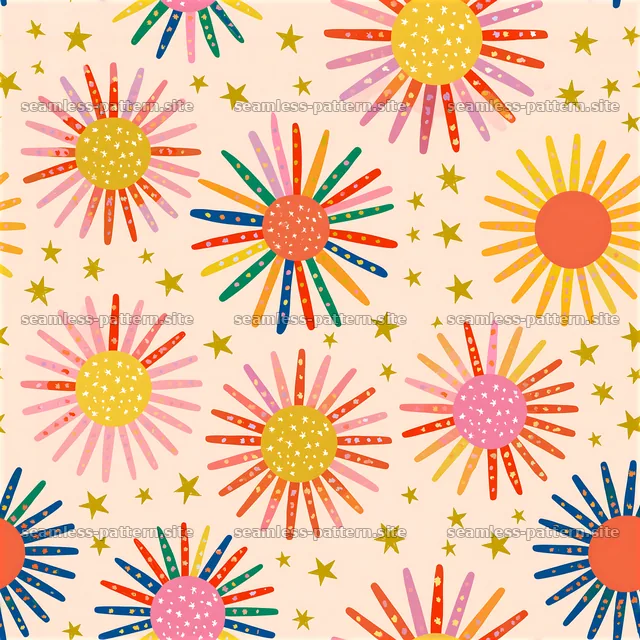 Colorful sun seamless pattern with stars on light background — seamless tileable pattern