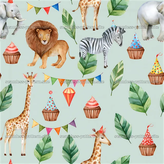 Birthday safari animals seamless pattern featuring wildlife and — seamless tileable pattern