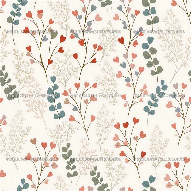 Seamless botanical heart pattern with small hearts and leafy stems — seamless tileable pattern