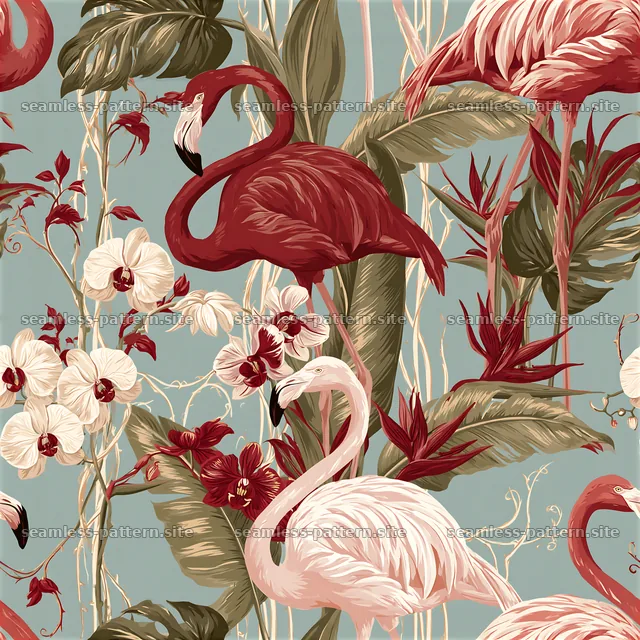 Colorful flamingo seamless pattern with flowers and foliage — seamless tileable pattern