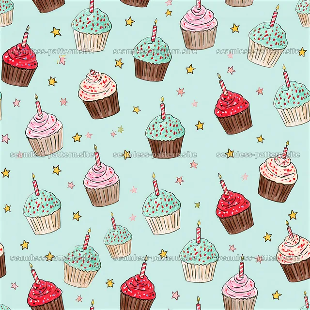 Birthday Cupcake and Star Seamless Pattern — seamless tileable pattern