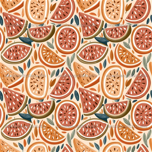 Colorful Watermelon Seamless Pattern with Seeds and Leaves — seamless tileable pattern