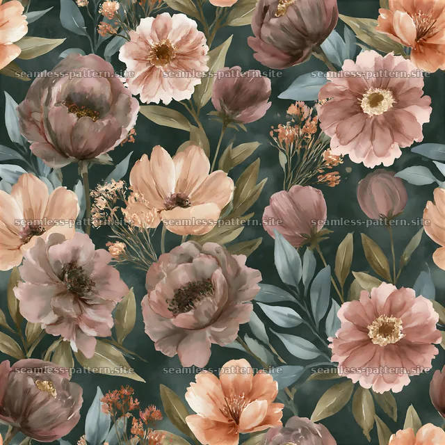 Tileable watercolor muted flower pattern with soft petals and leaves — seamless tileable pattern