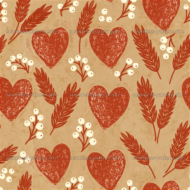 Rust Red Heart and Botanical Berry Seamless Pattern — seamless tileable pattern