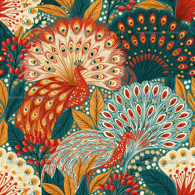 Funky boho peacock and botanical seamless pattern — seamless tileable pattern