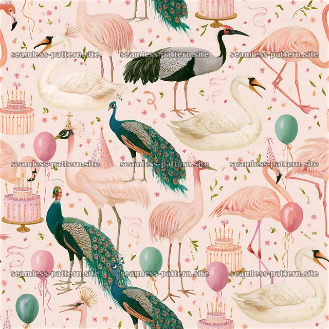 Colorful birds with balloons and cakes on a pink background — seamless tileable pattern