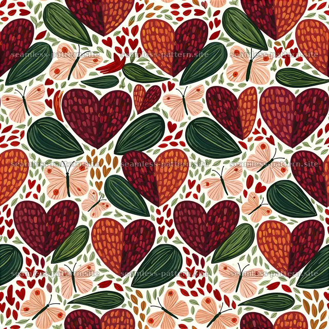 Seamless Heart and Butterfly Pattern with Leaves — seamless tileable pattern