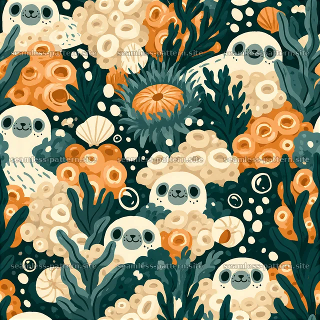 Cute seal and coral underwater seamless pattern — seamless tileable pattern
