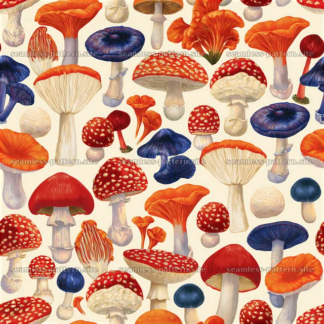 Colorful Mushroom Seamless Pattern with Red and Blue Fungi — seamless tileable pattern