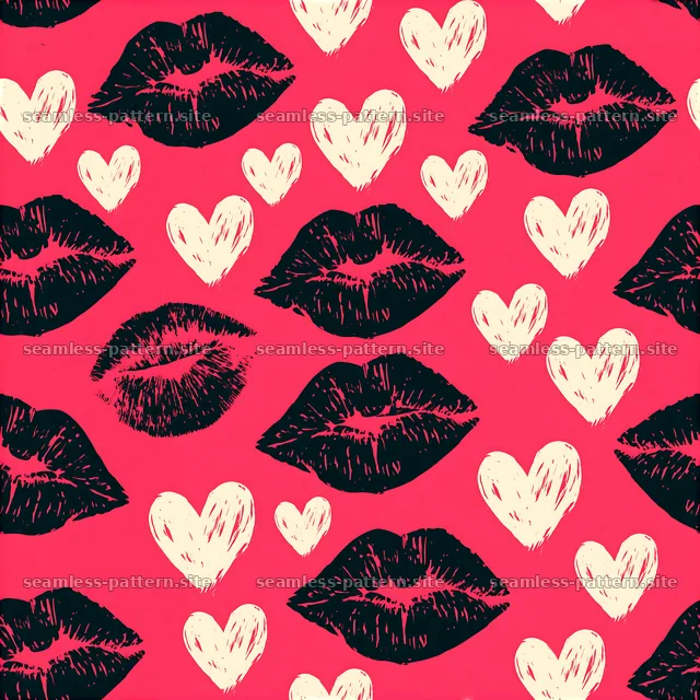 Repeat pattern with glossy lipstick prints and hearts on pink background — seamless tileable pattern