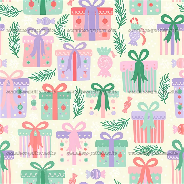 Colorful seamless pattern of gift boxes with bows and decorations — seamless tileable pattern