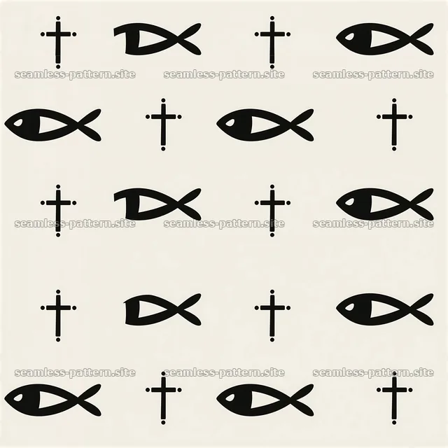 Monochrome Christian Cross and Fish Symbol Seamless Pattern — seamless tileable pattern