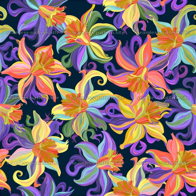 Vibrant floral design with colorful flowers on a dark background — seamless tileable pattern