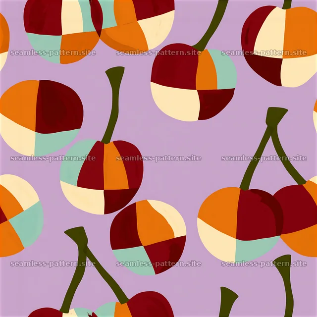Funky cherry pattern with colorful shapes on a light purple background — seamless tileable pattern