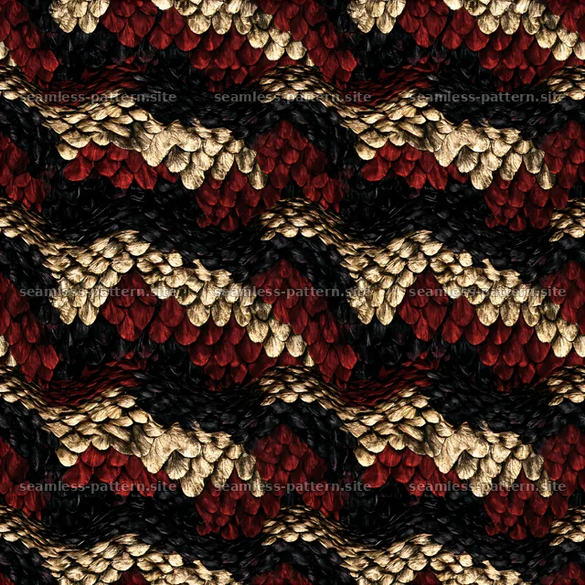 Snake scale seamless pattern in black, red, and gold colors — seamless tileable pattern