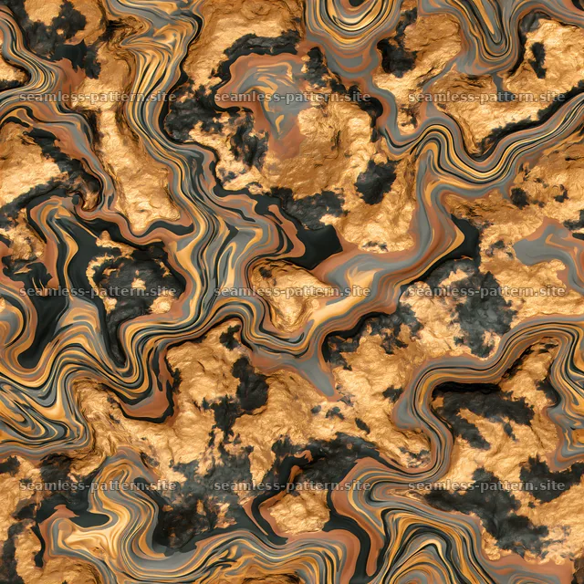Golden liquid camouflage repeating pattern with dark and light swirls — seamless tileable pattern