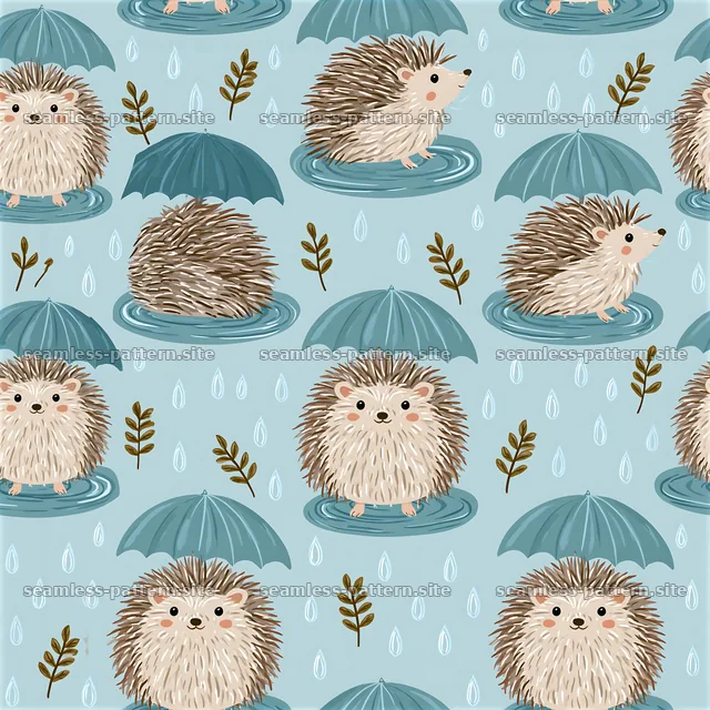 Cute hedgehog seamless pattern with umbrellas and raindrops — seamless tileable pattern