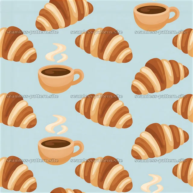 Croissants and coffee pattern in a playful design — seamless tileable pattern