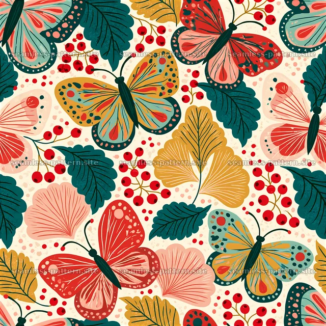 Colorful butterflies, leaves and berries seamless pattern — seamless tileable pattern