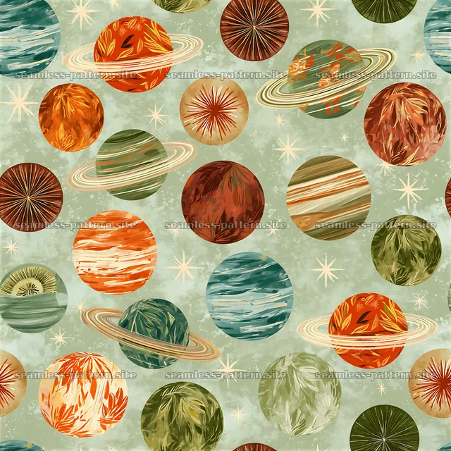 Colorful Retro Planets and Stars Seamless Pattern — seamless tileable pattern