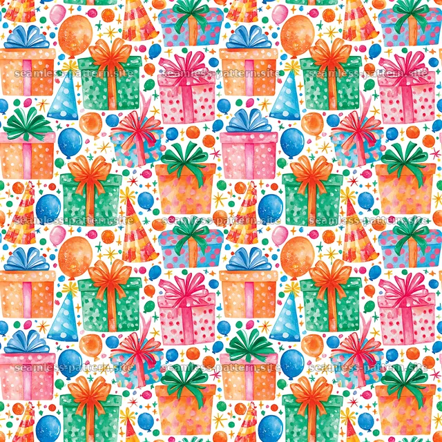 Birthday watercolor seamless pattern with gifts and balloons — seamless tileable pattern