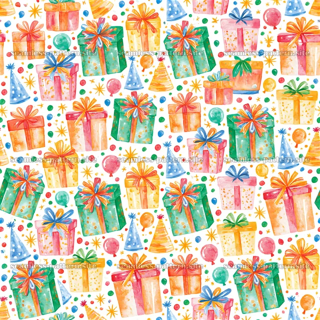 Birthday watercolor seamless pattern of gifts and party elements — seamless tileable pattern