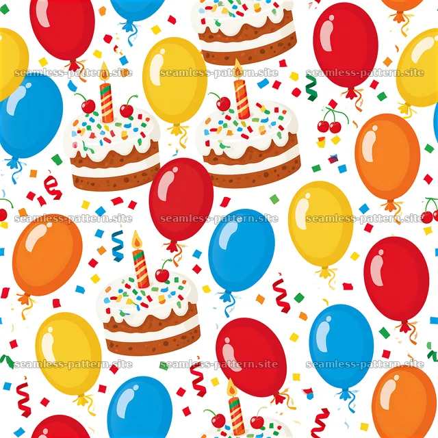 Colorful balloons and vintage birthday cake seamless pattern — seamless tileable pattern