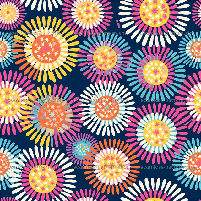 Playful starburst pattern with bright colors on dark background — seamless tileable pattern
