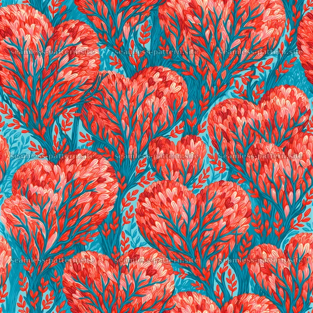 Colorful folk art heart pattern on bright blue background — seamless tileable pattern
