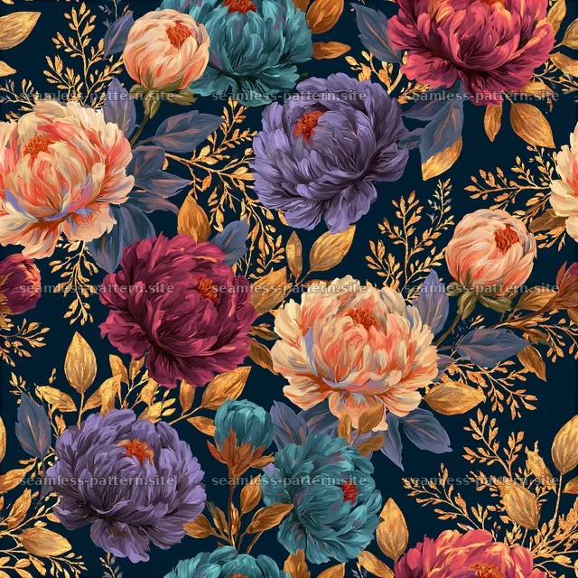 Multicolor peony seamless pattern with detailed flowers and leaves — seamless tileable pattern