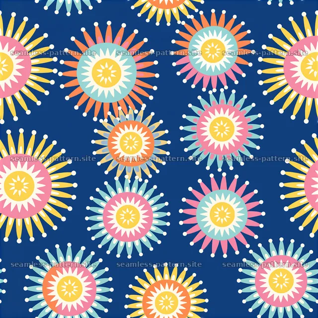 Colorful Starburst Floral Seamless Pattern on Navy — seamless tileable pattern
