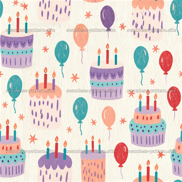 Birthday cake seamless pattern design with balloons and stars — seamless tileable pattern
