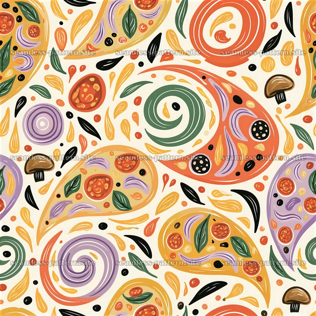 Seamless doodle pizza pattern with colorful toppings and swirls — seamless tileable pattern