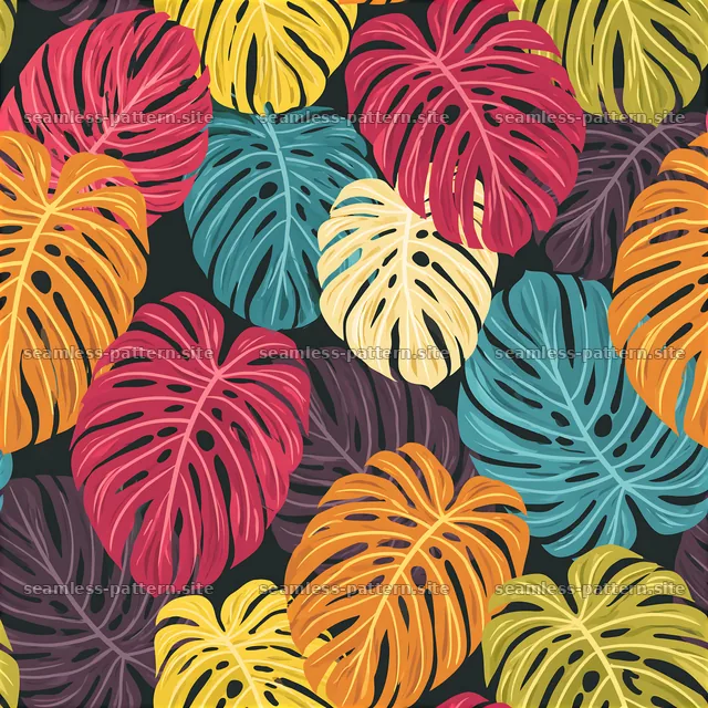 Colorful Monstera Leaves Seamless Pattern — seamless tileable pattern