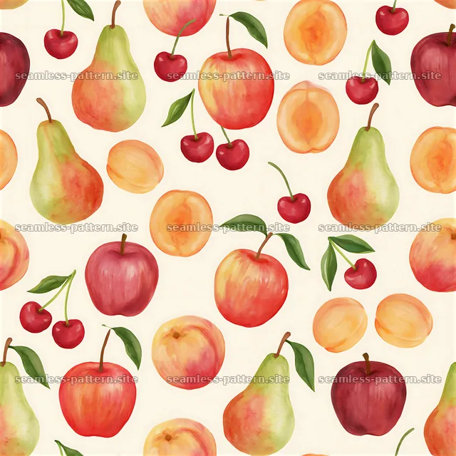 Colorful fruit pattern with apples, pears, cherries, and peaches — seamless tileable pattern