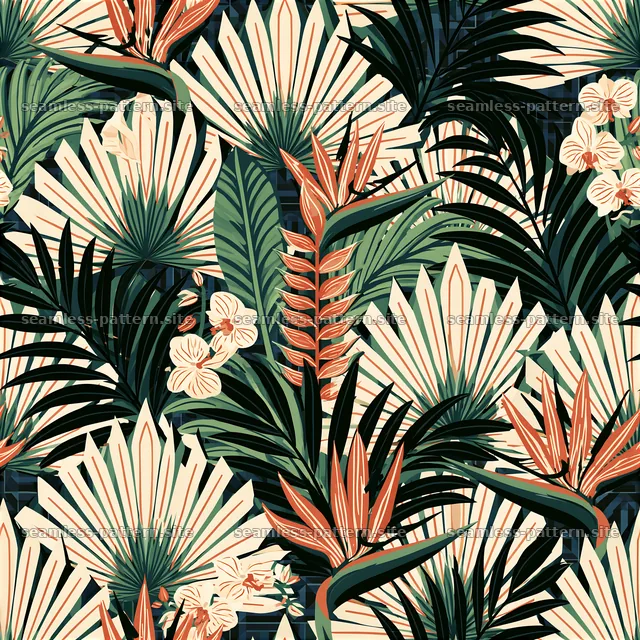 Tropical flower seamless pattern with large leaves and bright blooms — seamless tileable pattern