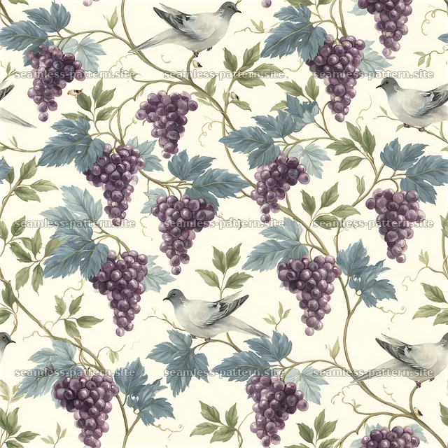 Repeating Grape Vine Pattern with Doves — seamless tileable pattern
