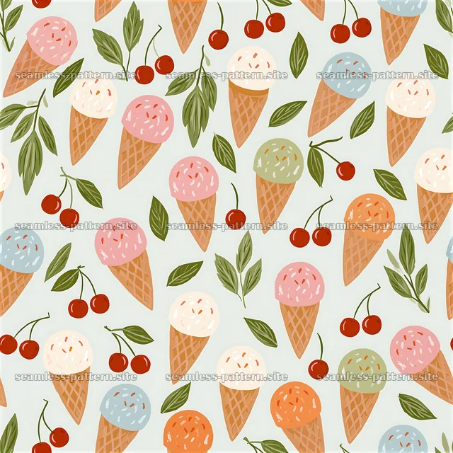 Colorful Ice Cream Cone and Cherry Seamless Pattern — seamless tileable pattern