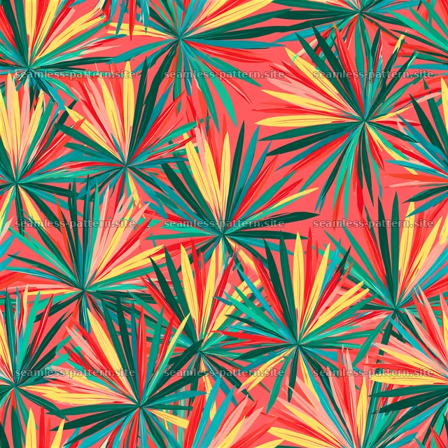 Bright palm leaves create a colorful seamless pattern on a red — seamless tileable pattern