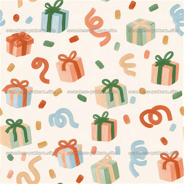 Seamless texture with gift boxes and streamers in playful arrangement — seamless tileable pattern