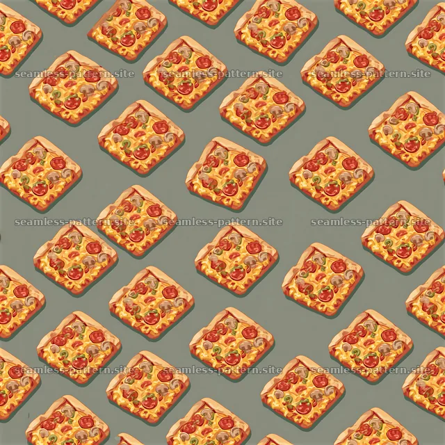 Seamless hot pizza pattern with squares covered in toppings — seamless tileable pattern