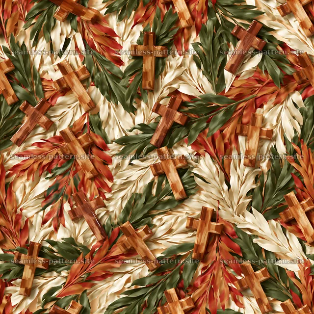 Seamless pattern of olive wood crosses and rustic leaves filled with — seamless tileable pattern