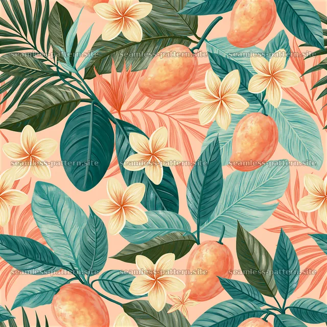 Colorful Tropical Floral and Mango Seamless Pattern — seamless tileable pattern