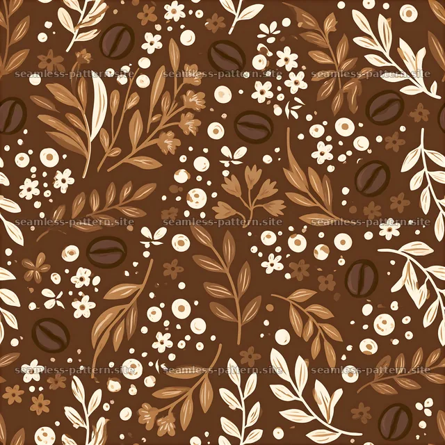 Floral and coffee bean seamless pattern in brown tones — seamless tileable pattern