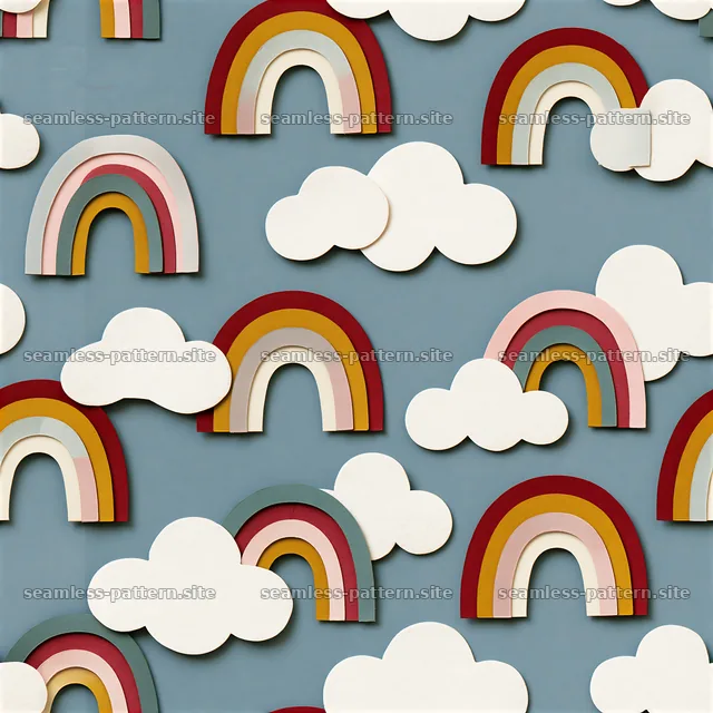 Cute rainbows and clouds seamless pattern in playful colors and shapes — seamless tileable pattern